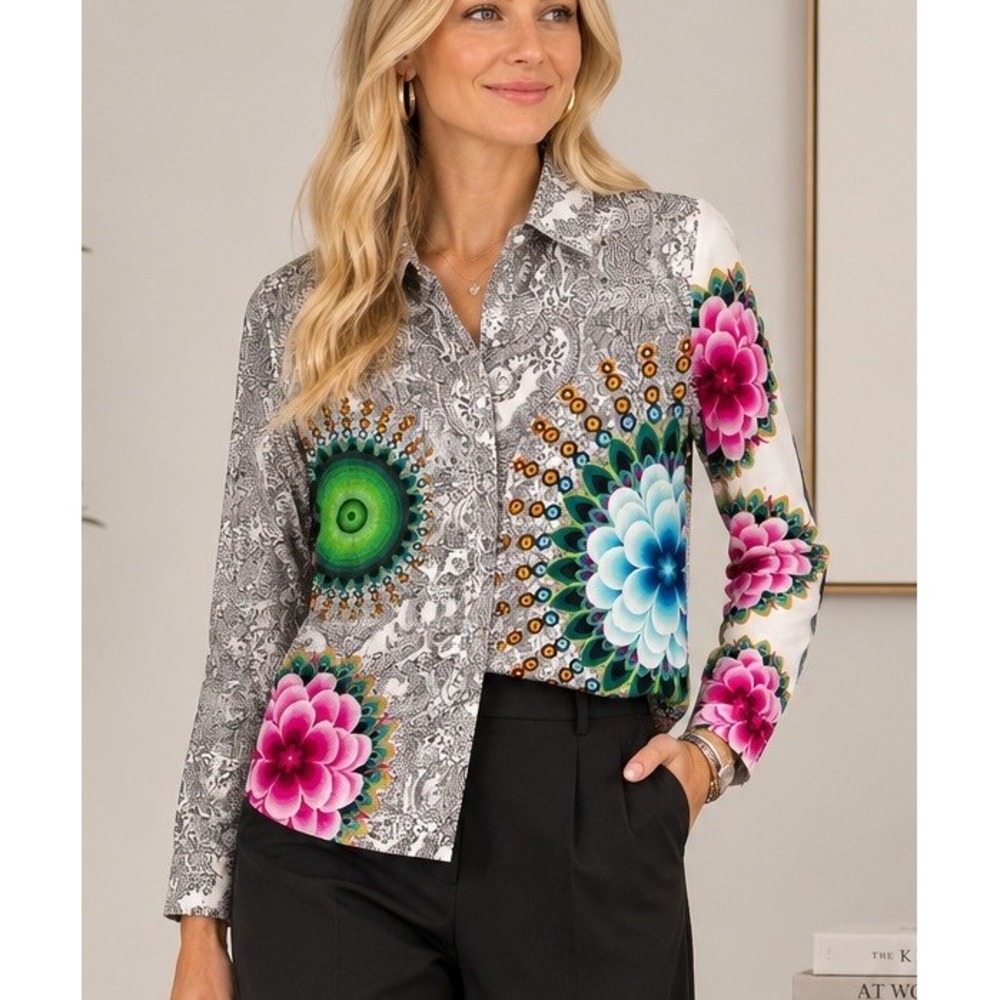 Desigual Womens Floral Mandala Print Cotton Button Down Shirt XL Boho Artistic